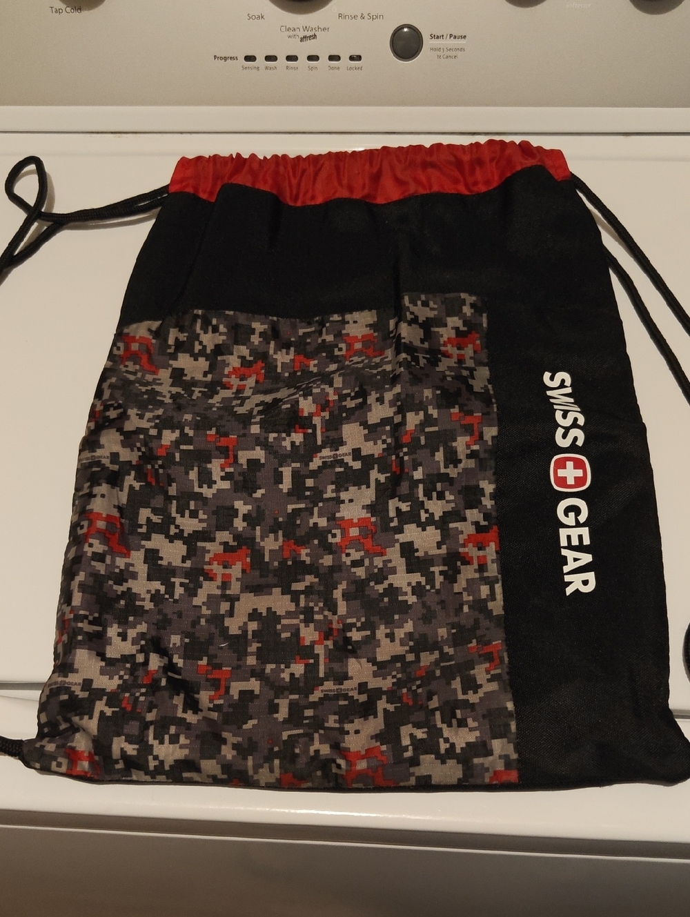 SwissGear Black, Gray & Red Digital Camo Drawstring Bag